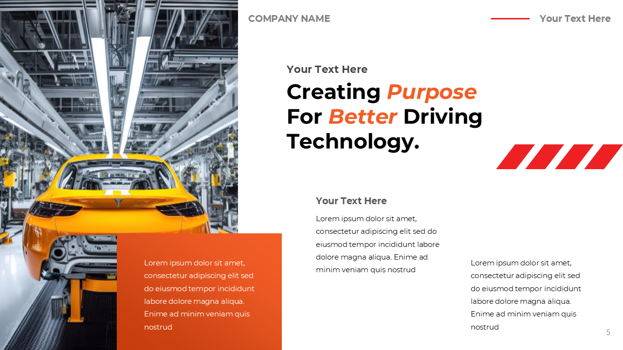 Slide with an image of a yellow vehicle chassis on a production line and white text area with orange accents.