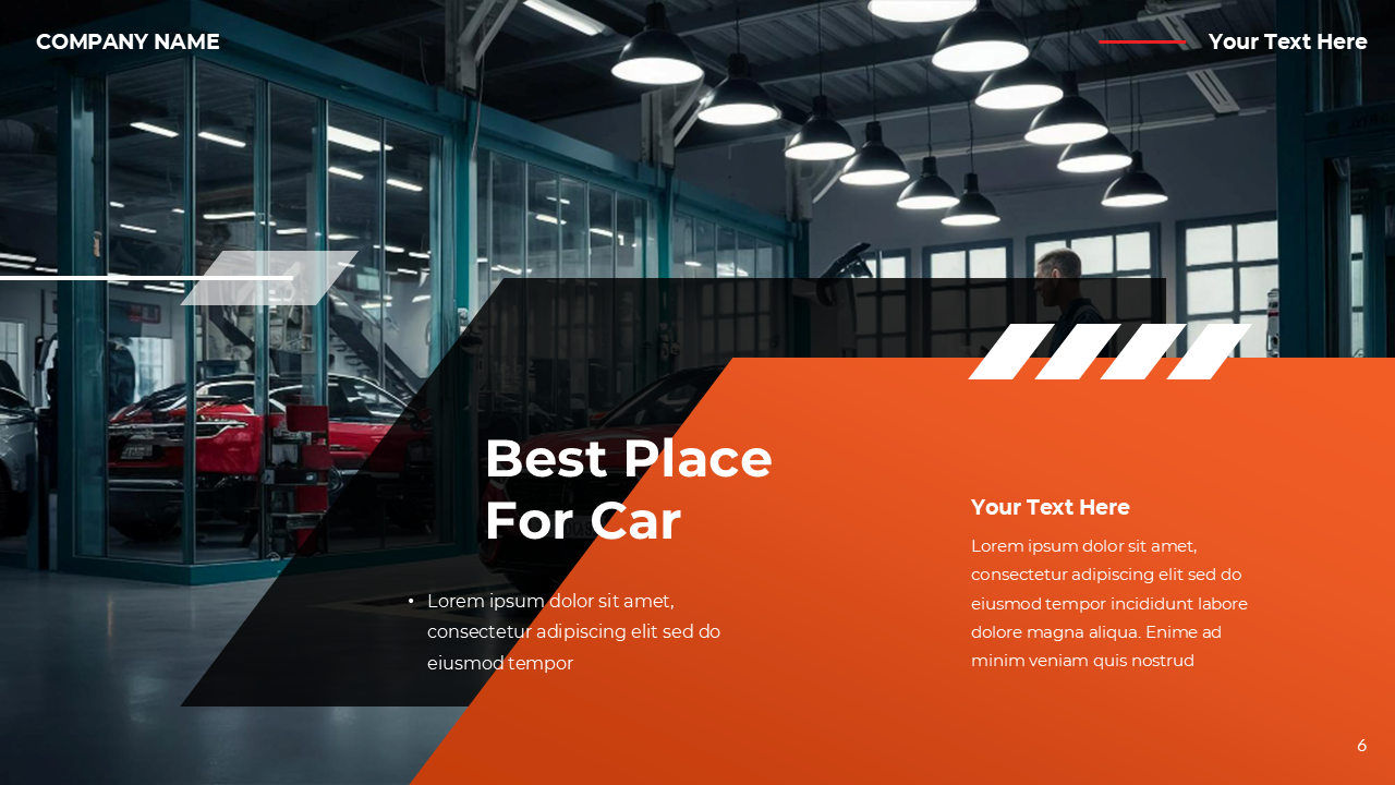 Slide showcasing a modern auto service center with cars inside a glass walled garage, with a red and black text box.