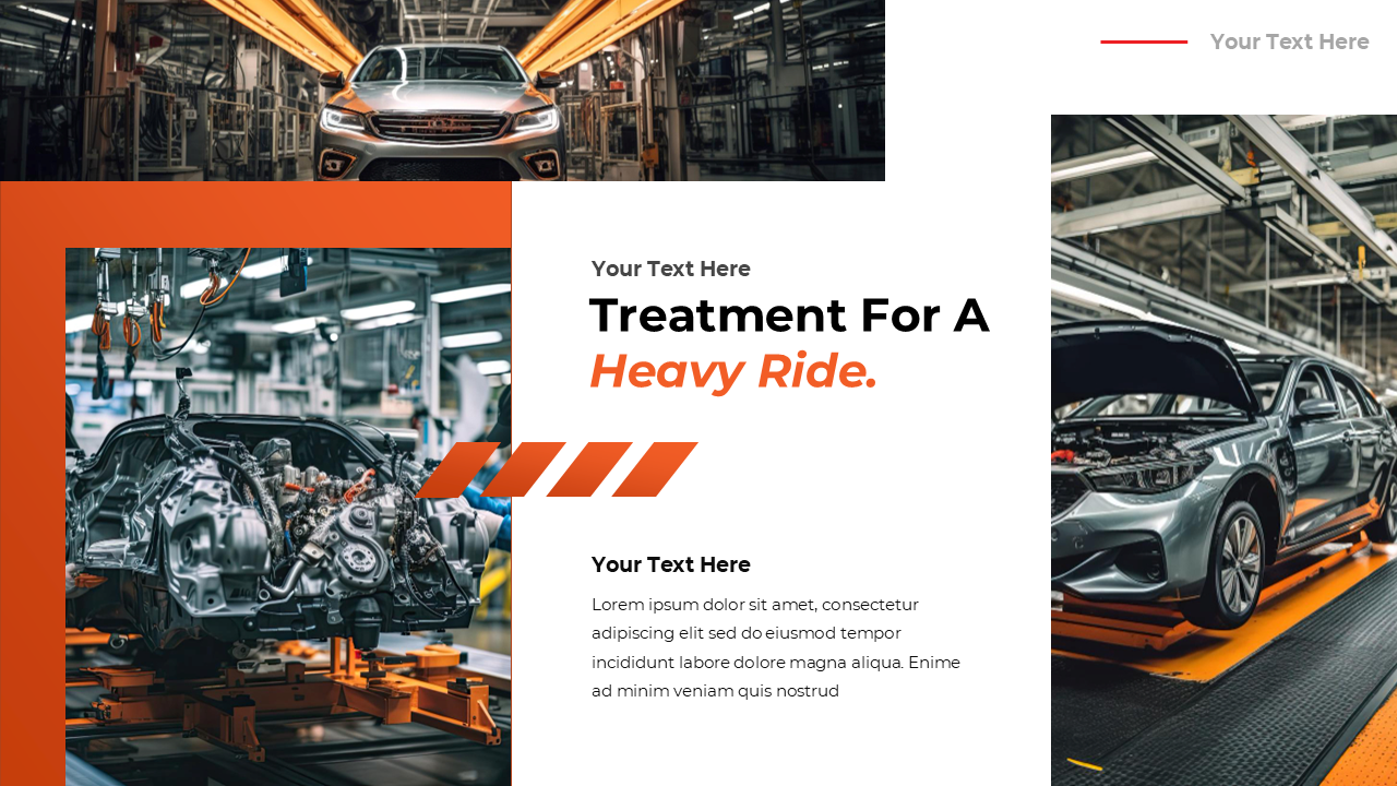 Automobile manufacturing slide showing images of cars on assembly lines, and text on a white box with orange accents.