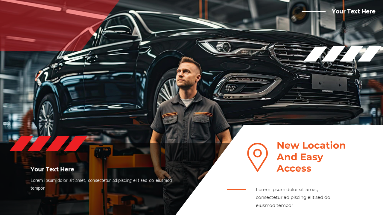 Service slide showing a mechanic standing in front of a black car on a hydraulic lift, with white text box.