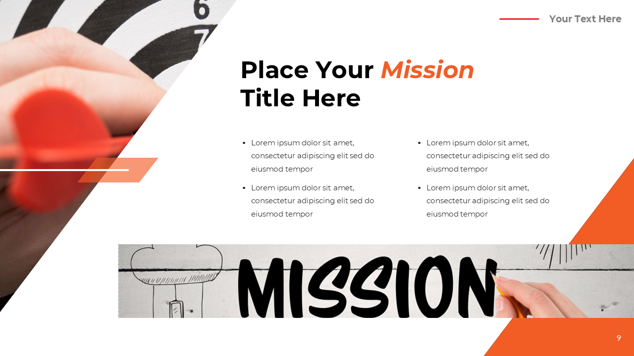Mission slide featuring a close up of a hand aiming a red dart at a target, bulleted text, and a handwritten banner below.