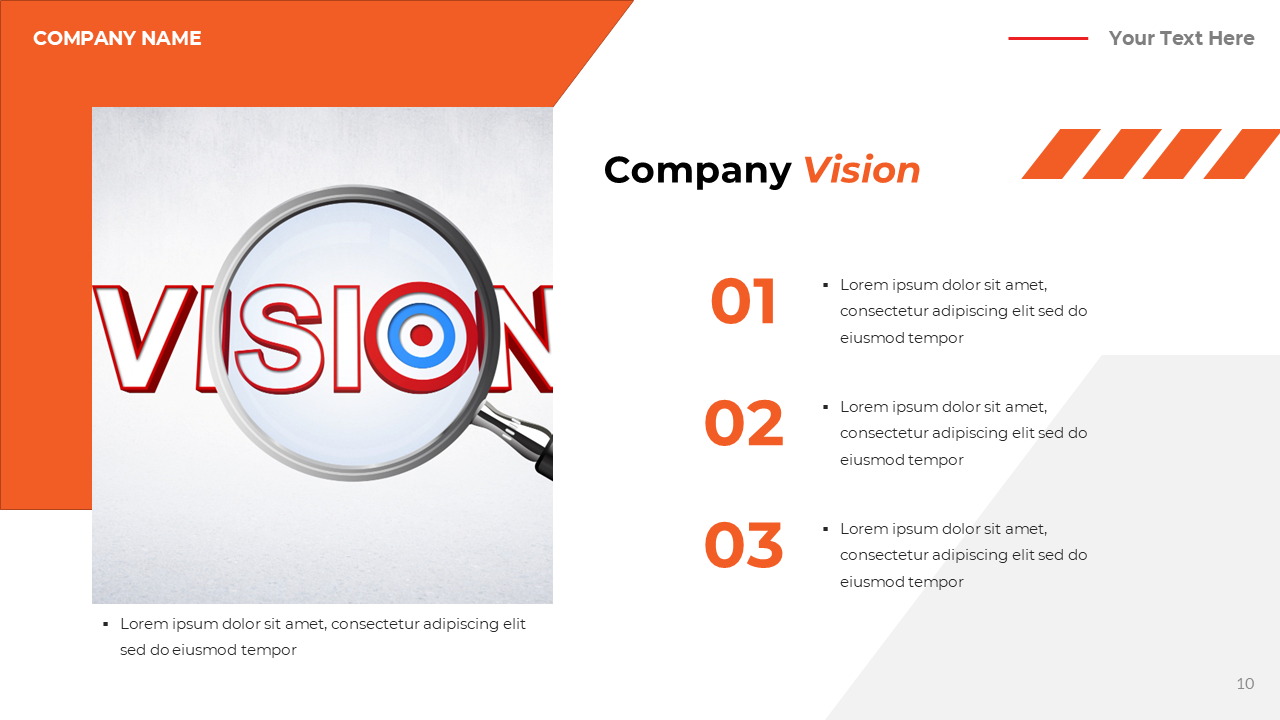 Vision slide with a magnifying glass focusing on the word and hree orange numbered bullet points on the right.
