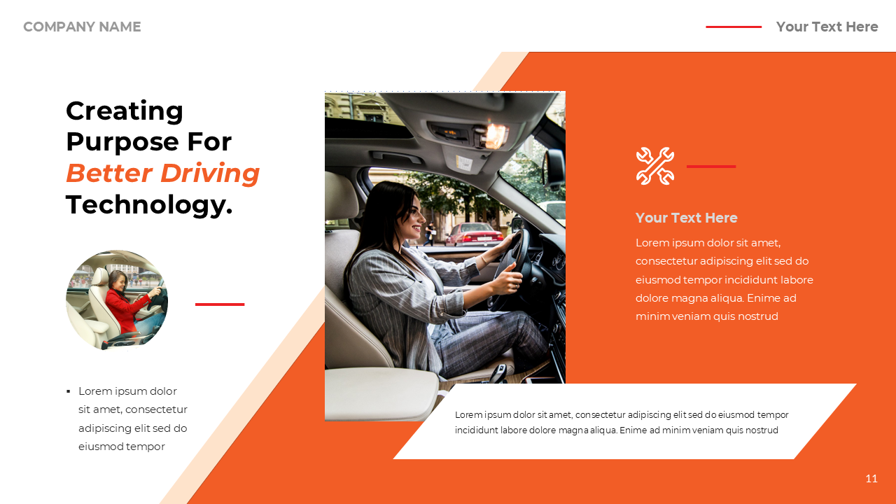 Slide with a large photo of a woman driving, on an orange color block, and circular image accents on a white background.