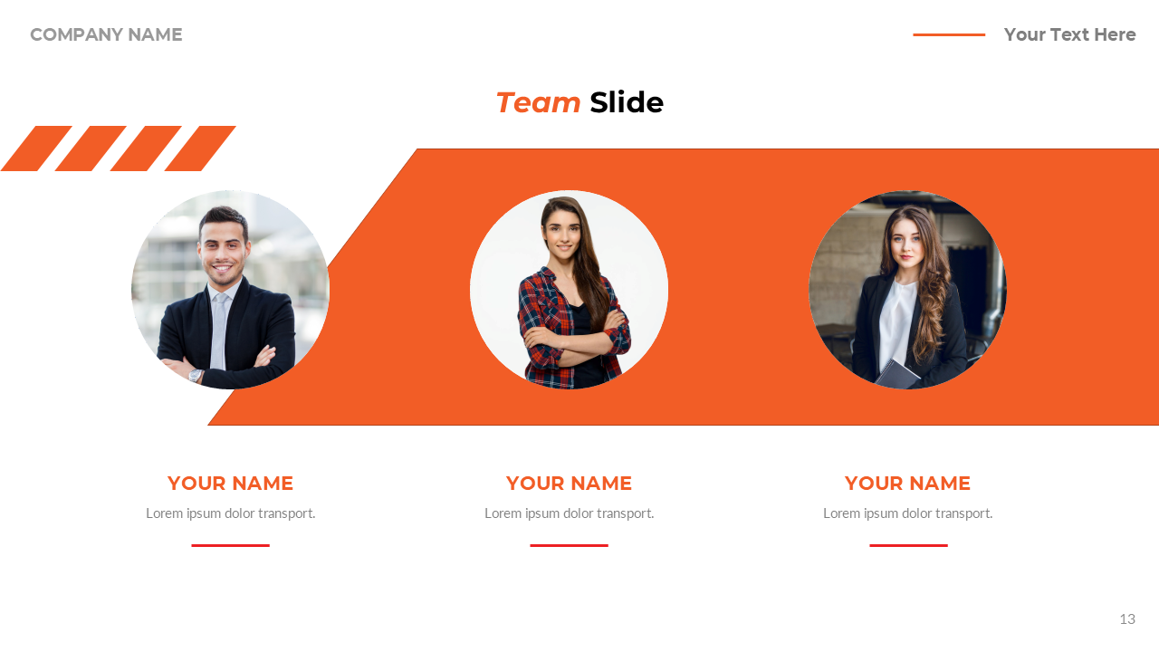 Team slide with three circular photo frames, on an angular orange section with white space and red accent lines.