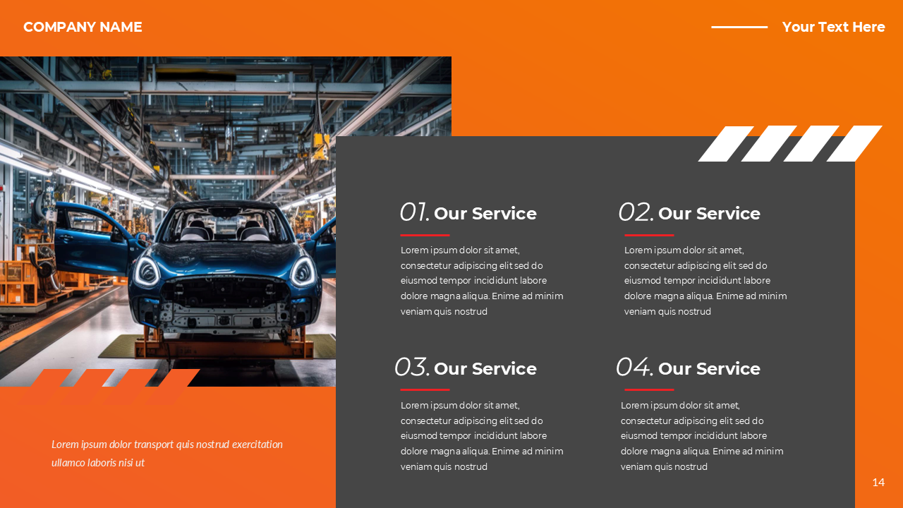 Slide with a car factory image, orange header featuring grey content box with four service points, and decorative stripes.