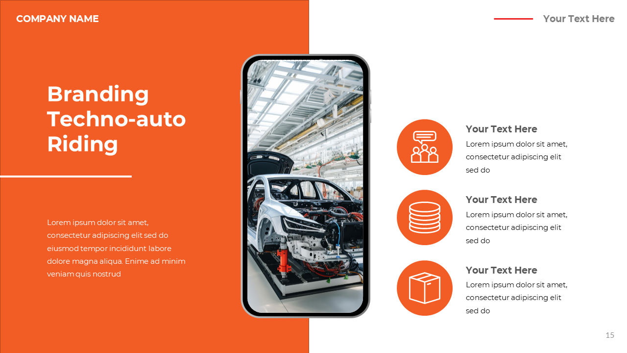 Branding slide featuring a car production image inside a phone frame, alongside three circular icons in an orange layout.