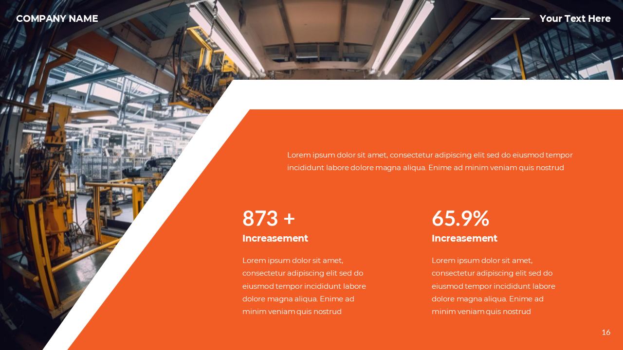 Industrial themed slide showing performance statistics, with a factory background and bold white text on an orange layout.