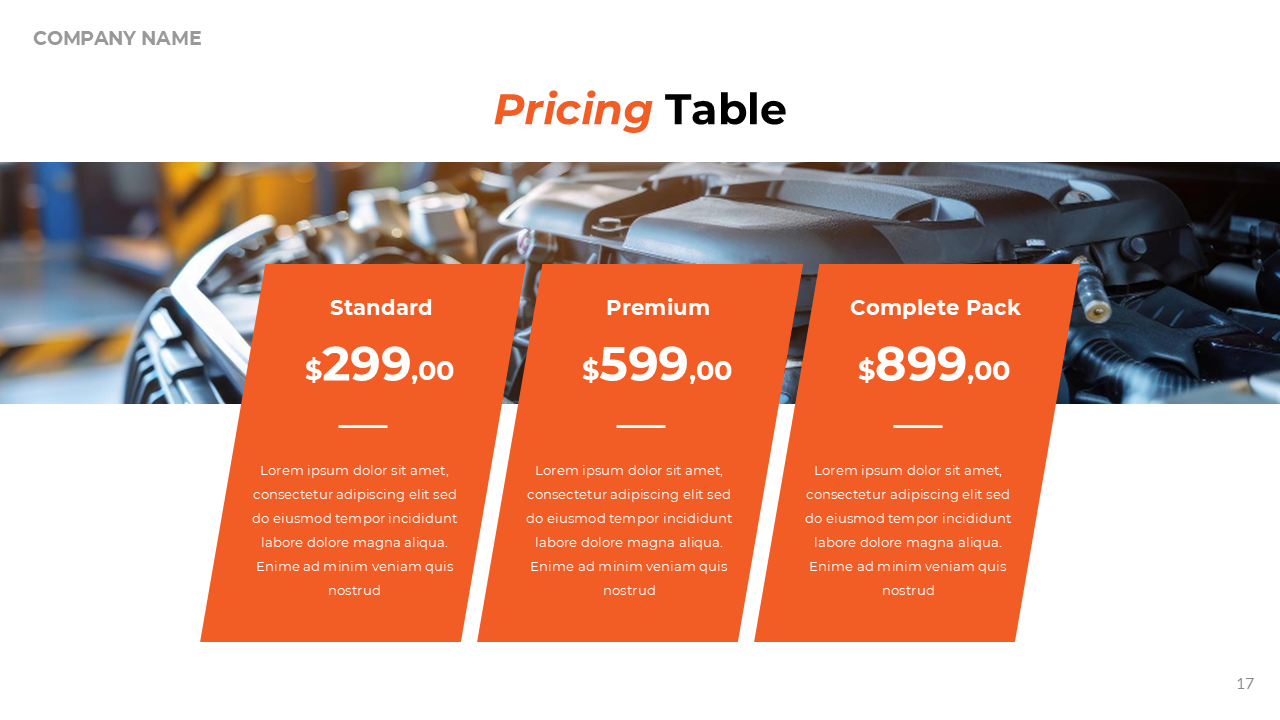 Pricing slide with three service packages in orange, listing prices and text, over a background image of a car engine.