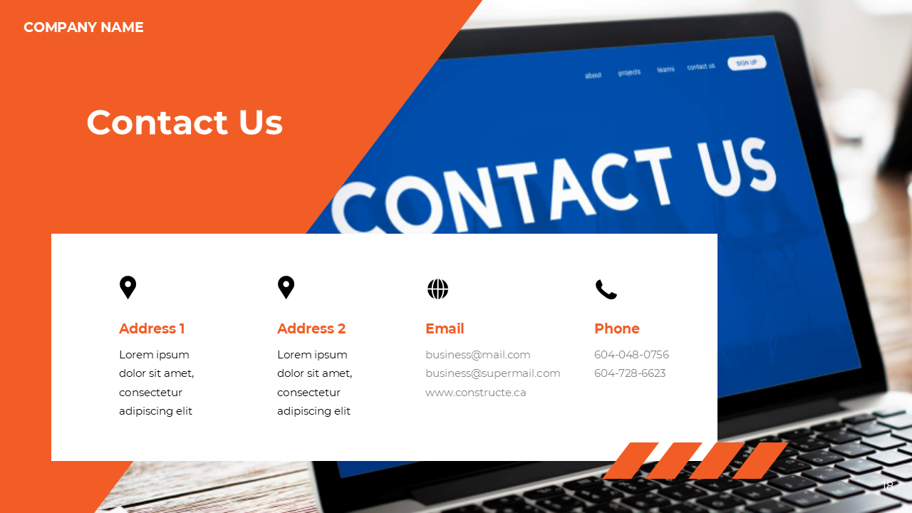 Slide with an orange design, a white box showing contact details, and a blue laptop screen displaying bold text.