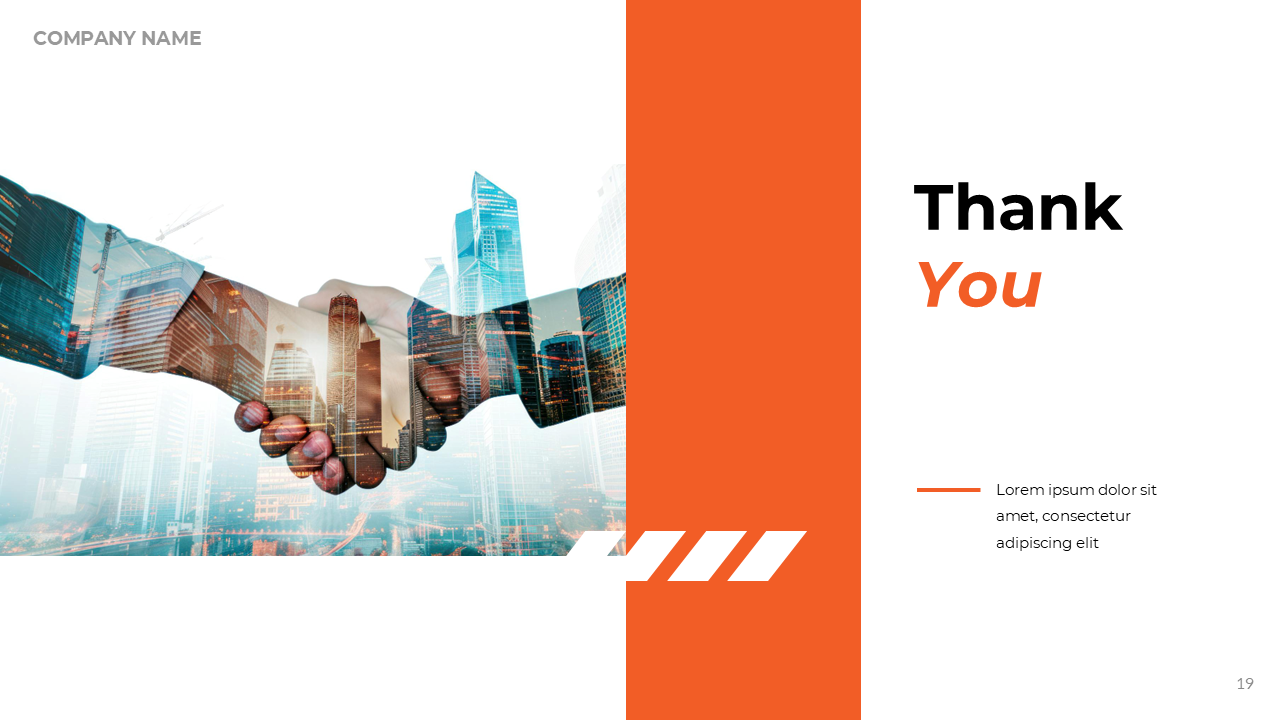 Thank you slide with a handshake overlaid with city buildings, an orange vertical bar, and text on a white background.