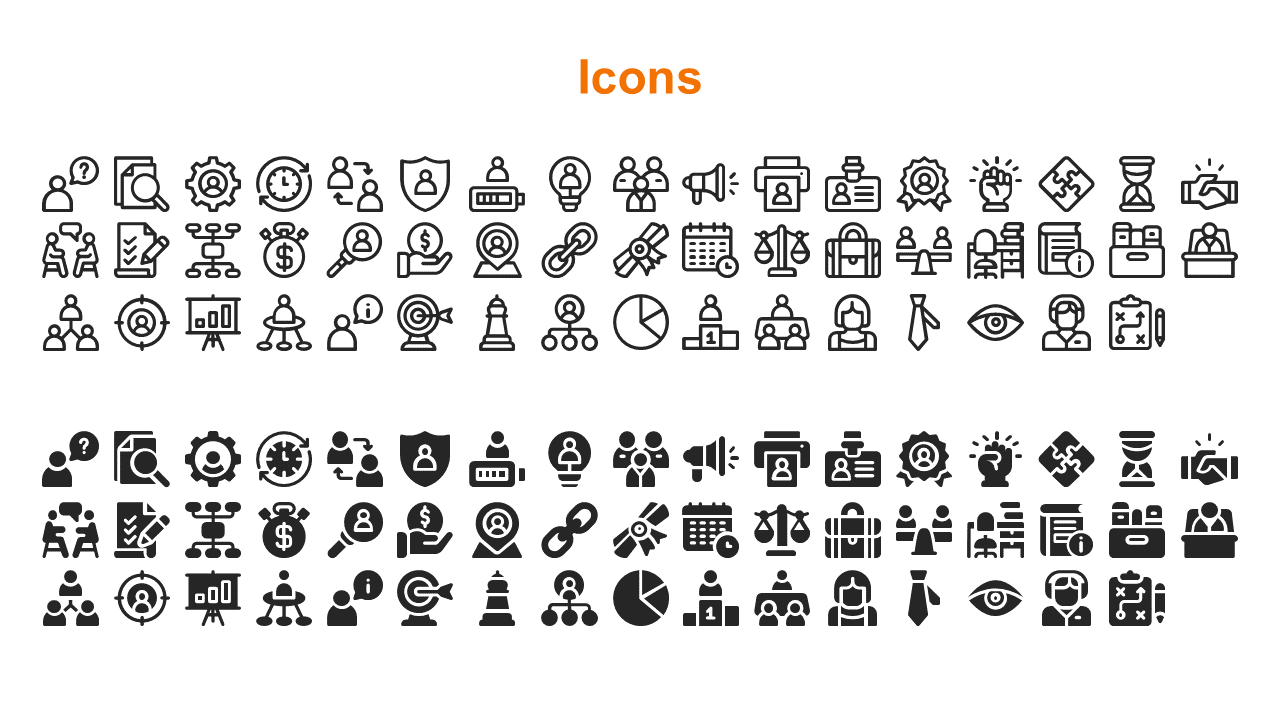 Slide with an orange heading and two sections of icons, showing business, and teamwork symbols in lined and filled styles.