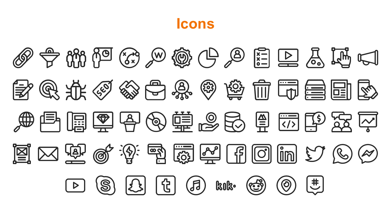 White slide with an orange title and multiple black outline icons in rows, representing technology, and social media logos.