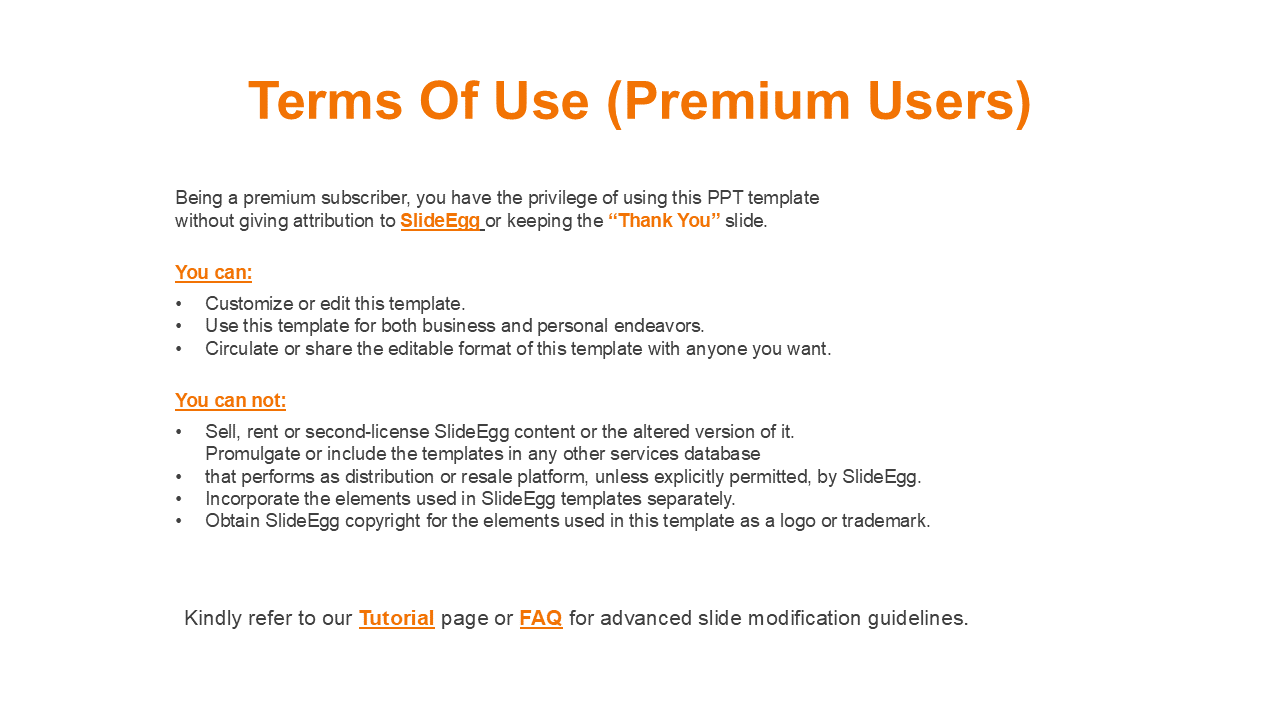 White slide with orange title, bulleted usage rights, and disclaimers for premium users in plain text layout.