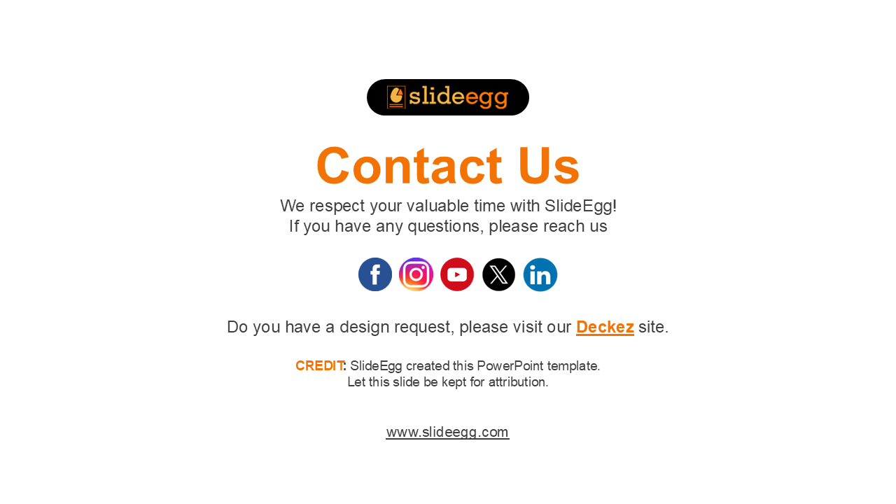 Contact screen showing orange headline, contact note, social icons in row, and a footer credit line.