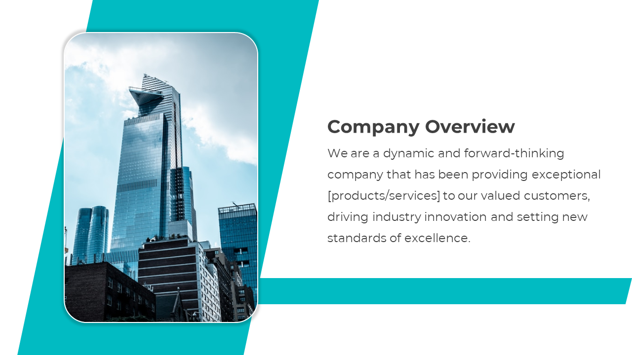 Company overview slide with a teal and white layout, featuring a large image of a skyscraper and a structured text section.