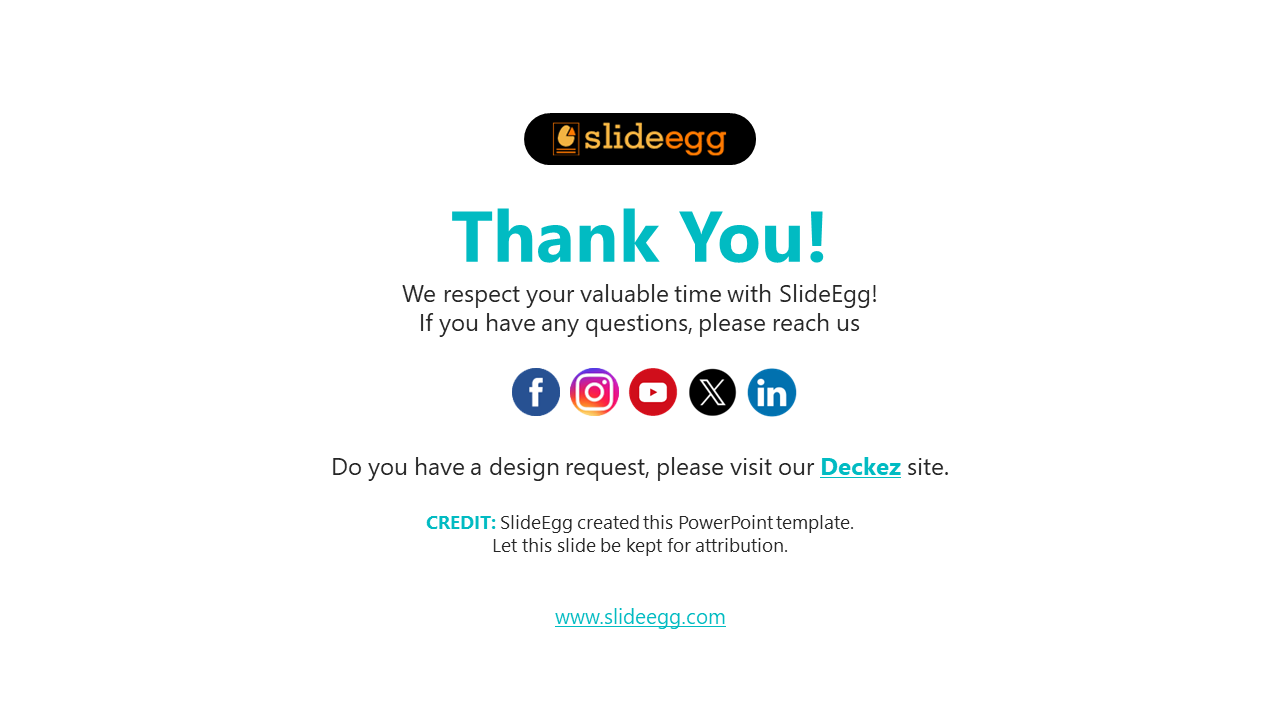 Clean white slide featuring a centered teal heading, black oval logo, and row of colorful round social icons below.