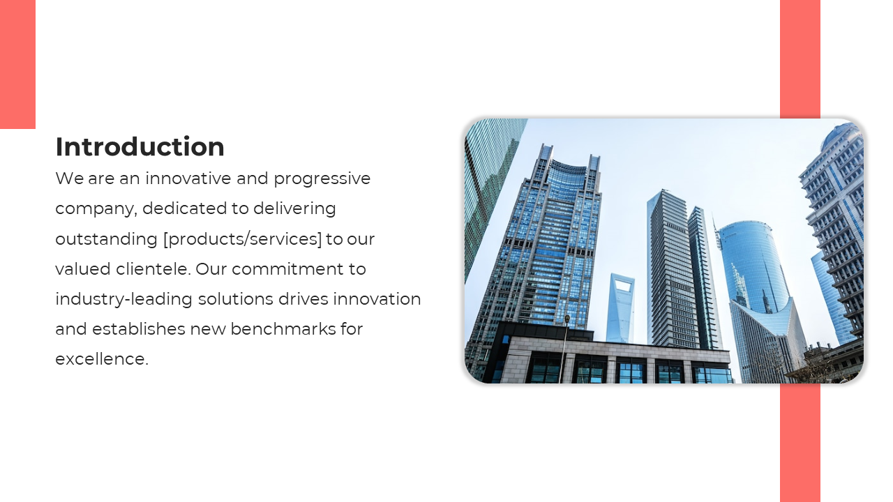 Corporate slide with a white background, red vertical bars, and a rounded image of modern skyscrapers under a clear sky.