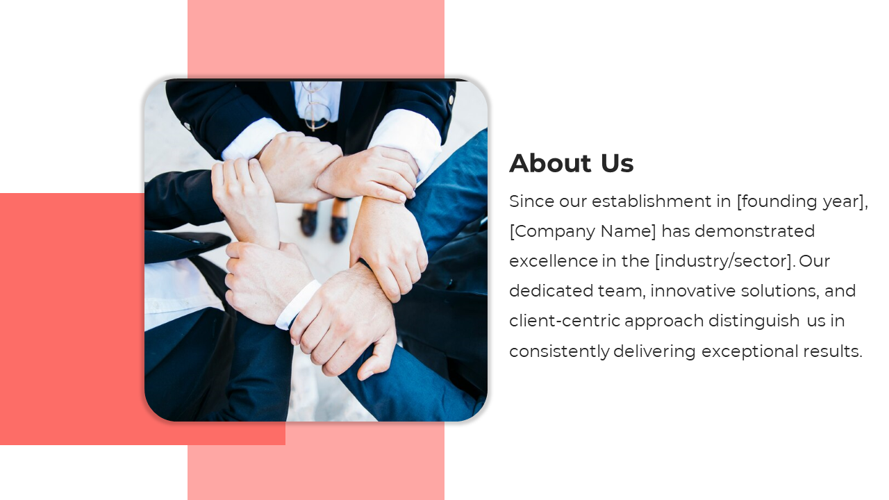 About us slide with a red and white layout, featuring a rounded square image of hands joined together.