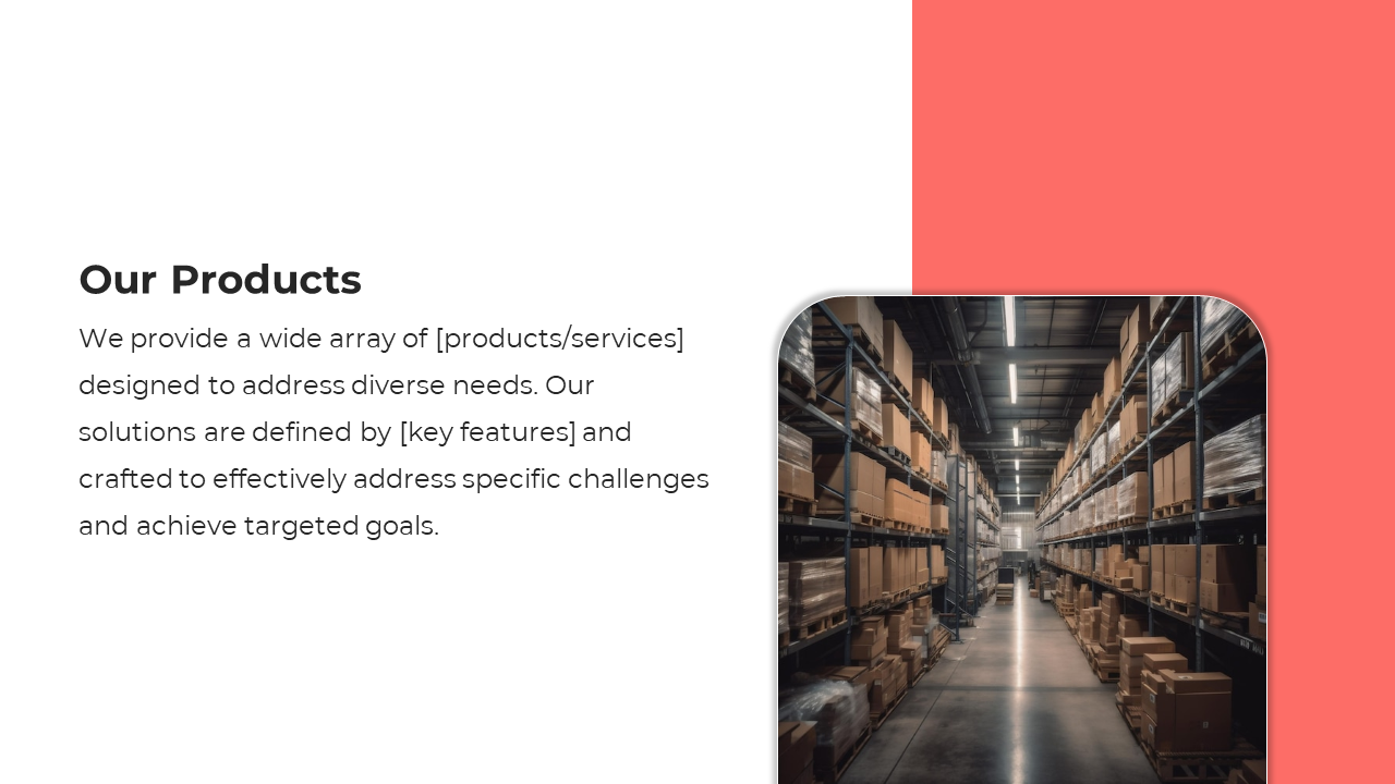 Slide featuring a modern warehouse shelves filled with cardboard boxes, and text on a white background with red accent.