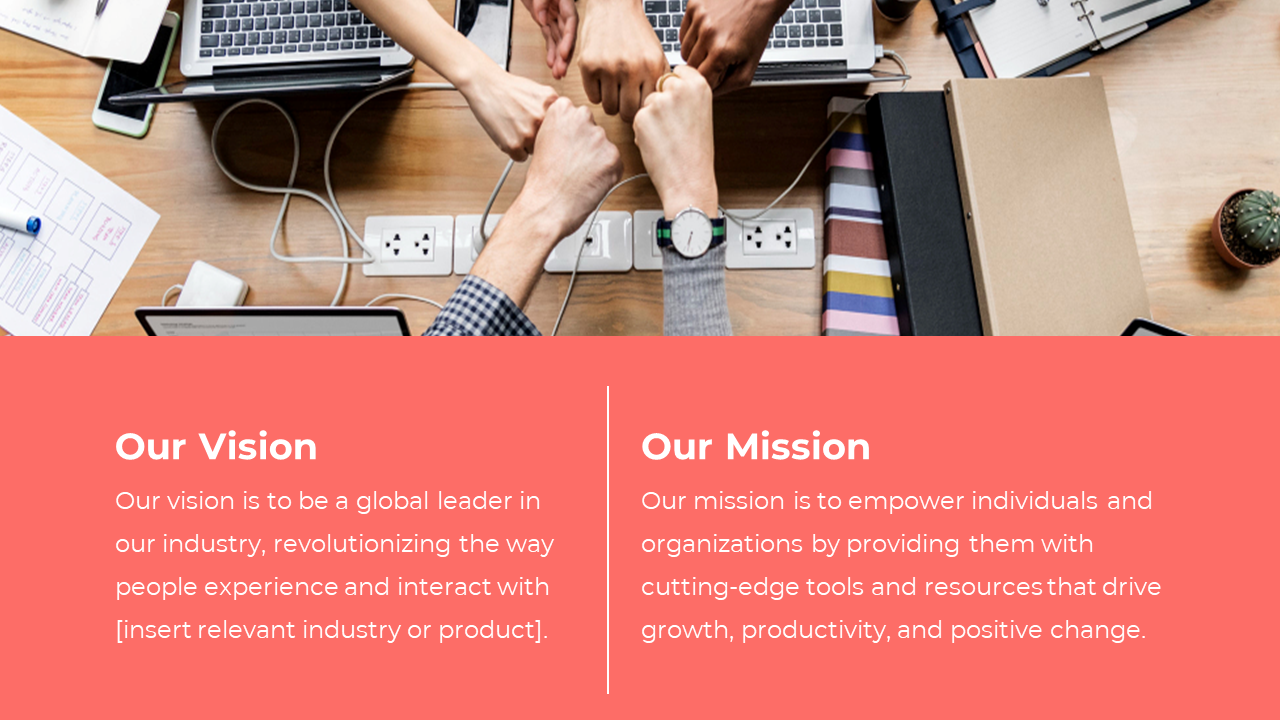 Slide featuring a collaborative fist bump on a wooden table with office supplies, and a red box with vision and mission text.