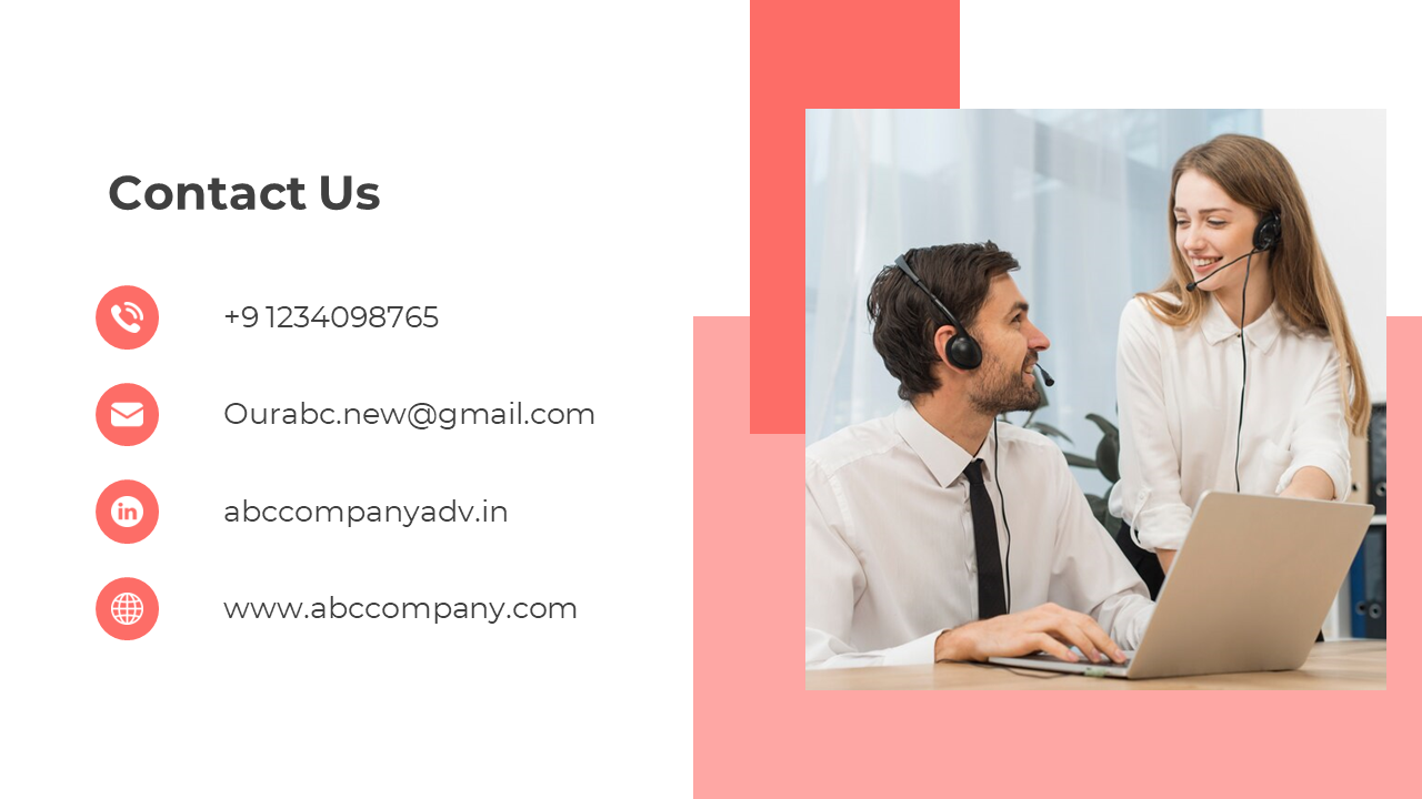 Contact info layout with orange circles on a white background, and an image of two call center employees with headsets.