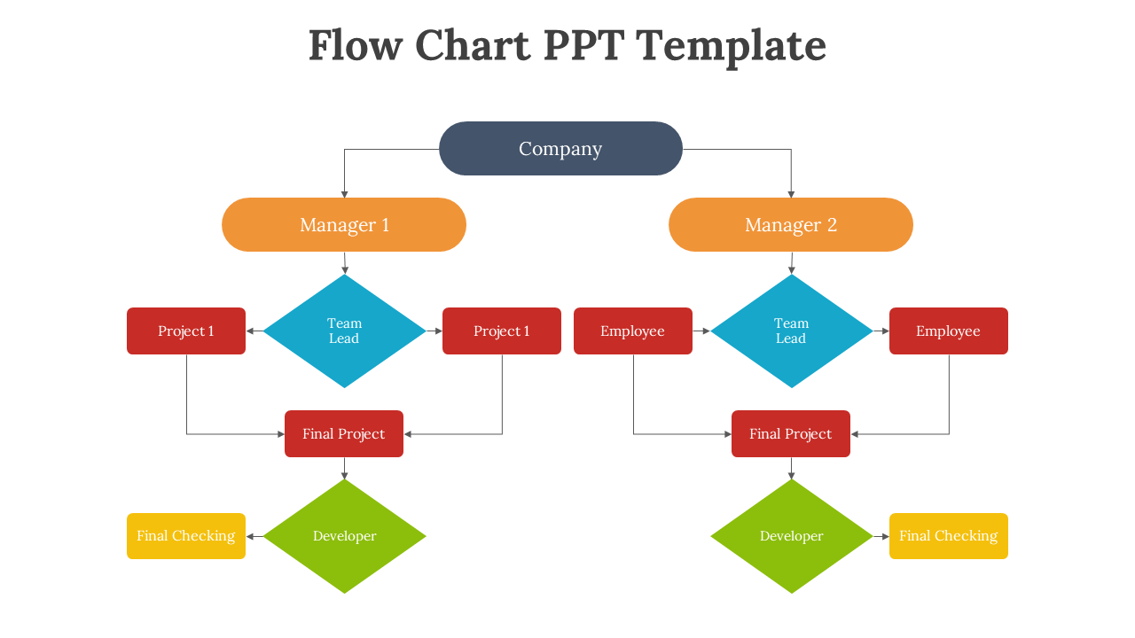 Organizational flow chart slide for a company with colorful project stages on a white backdrop.