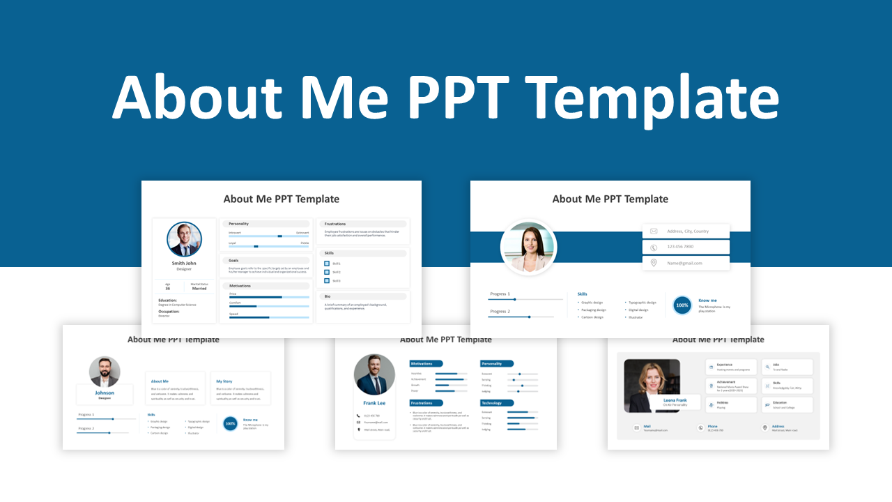 Collage of five about me slides with blue accents, featuring profiles, progress bars, and skill sections in a clean layout.