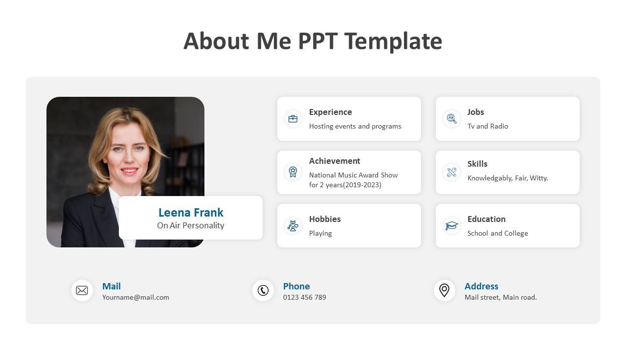 About me slide featuring a profile photo, blue and gray blocks for experience, skills, education, and contact information.