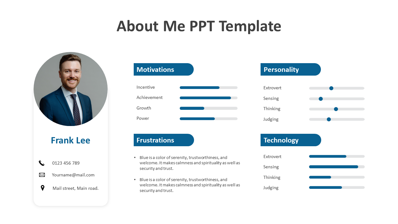 About me slide with a circular photo, blue progress bars, and sections in white, showing personality and technology skills.