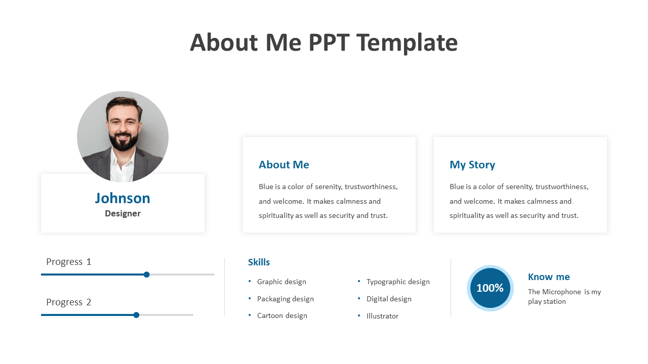 Template with a profile photo, skills, progress bars, and two text sections in blue and white explaining about the person.