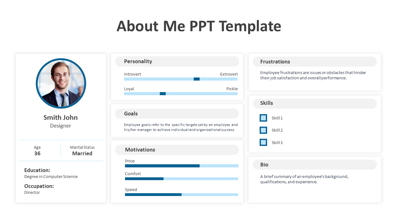 About me template featuring a circular photo, progress bars, with contact details and skills, with blue accents.