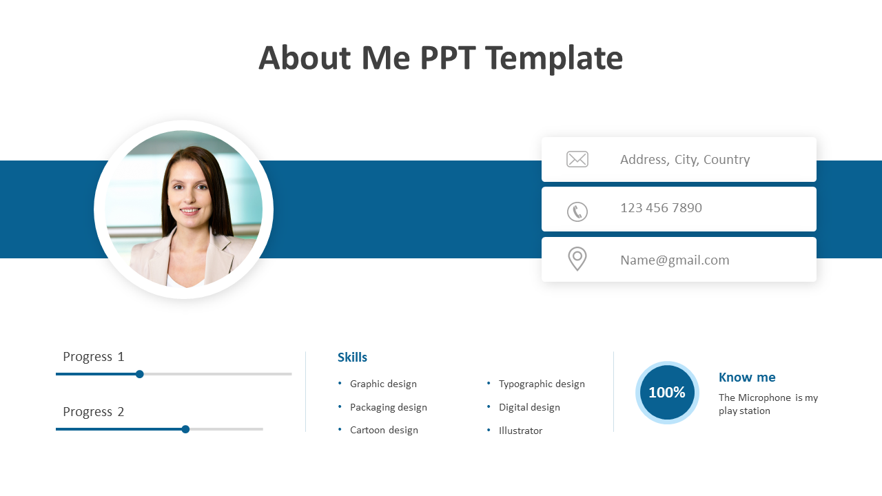 About me slide featuring an image, contact details, skill set, progress bars, and a personal statement, with blue accents.