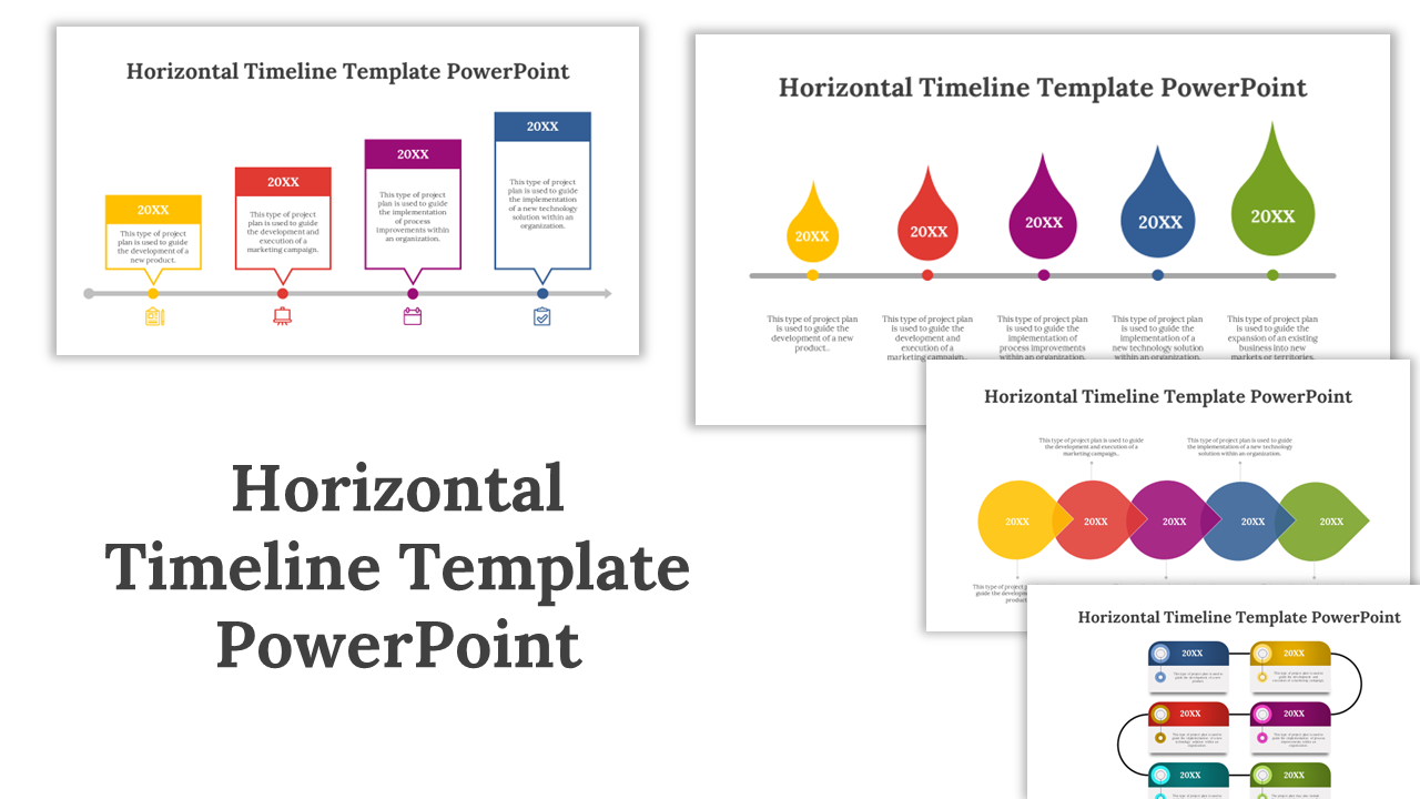 Slide featuring colorful horizontal timeline templates with different shapes and designs, including circles and droplets.