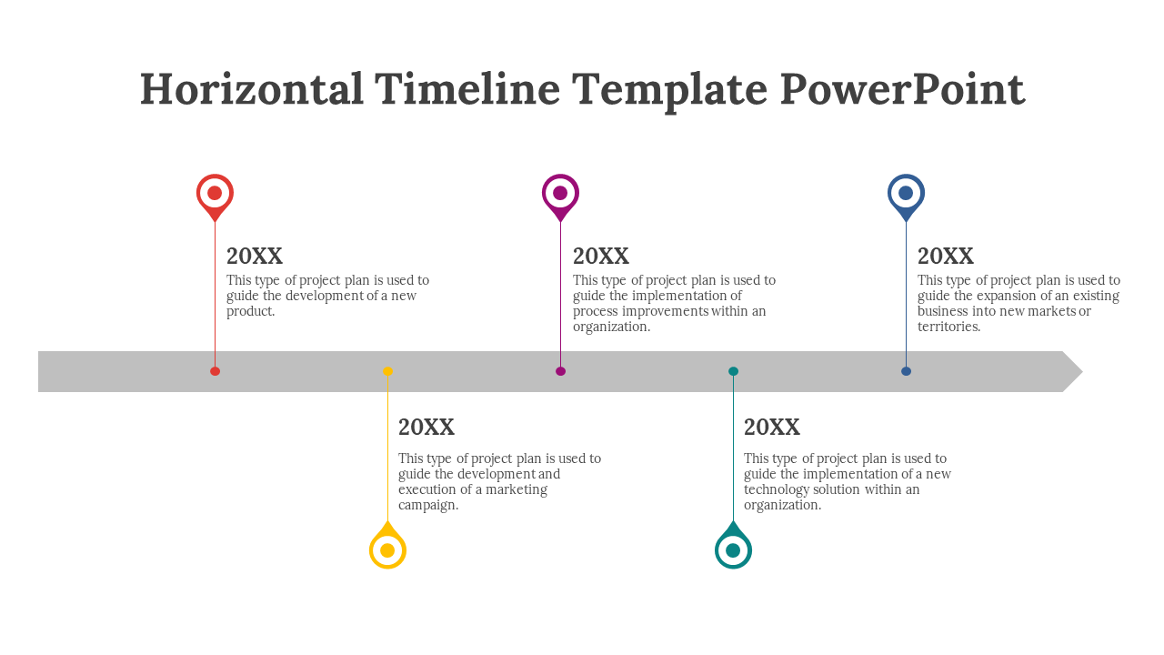 Five colored circles in red, purple, yellow, teal, and blue, on a gray timeline, each representing a project plan type.