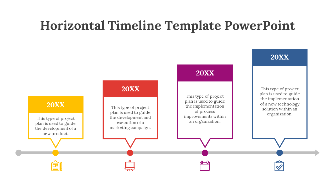 Horizontal timeline with colored blocks in yellow, red, purple, and blue, connected by a gray line with icons below.