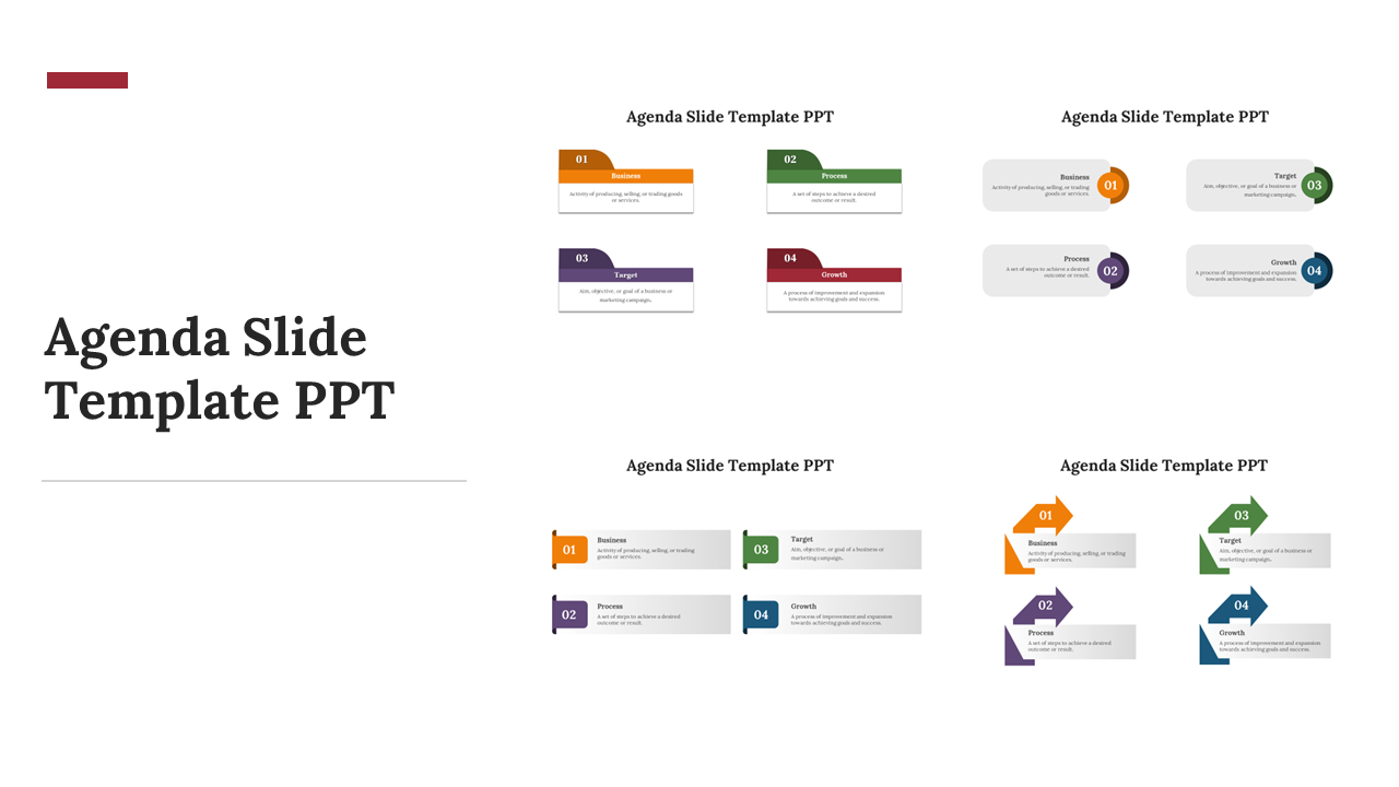 Slide featuring multiple agenda templates showing numbered points with colored arrows, text boxes, on a white background.