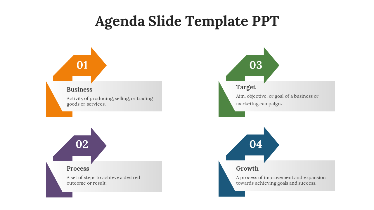 Agenda slide with four arrows in orange, purple, green, and blue, pointing towards gray text boxes on a white background.