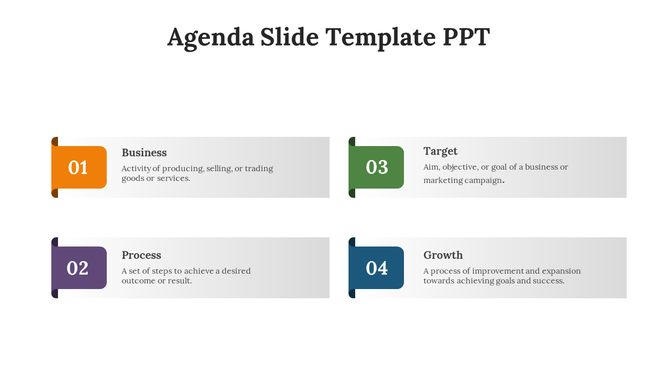 Agenda slide with four horizontal sections, each with a number label in orange, purple, green, and blue.