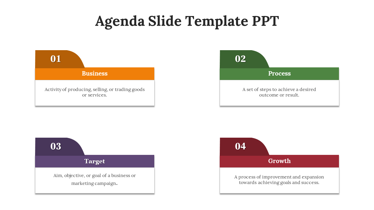 Agenda slide with four rectangular sections, each having a curved top left design in orange, green, purple, and red.