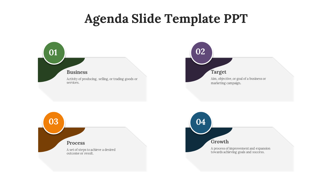 Agenda slide with four sections, each having a circular number icon in green, purple, orange, and blue with text boxes.