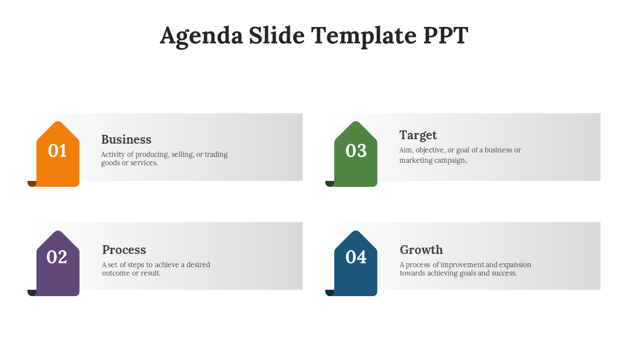 Agenda slide with four gray sections, each having a house shaped number icon in orange, purple, green, and blue.