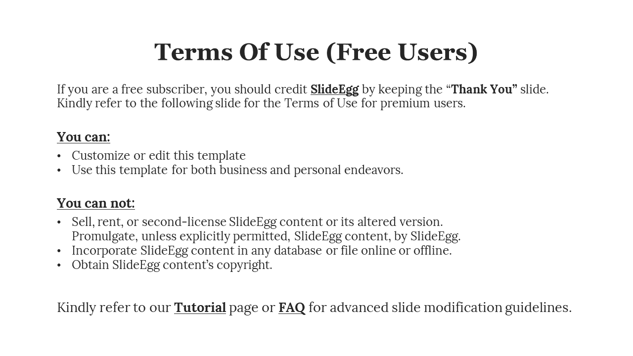 White background with concise text, structured into categories, and a note to refer to a subsequent slide for free terms.