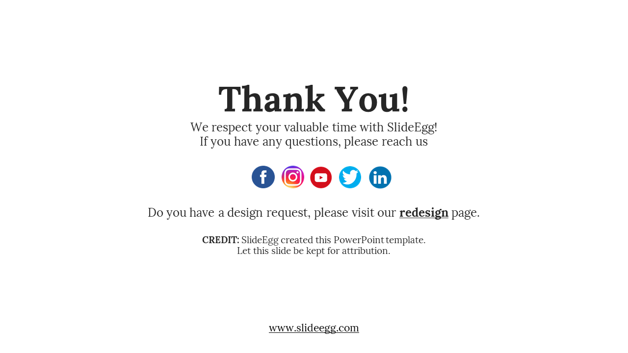 Clean thank you slide with a message, clickable social media icons, and a credit note at the bottom.