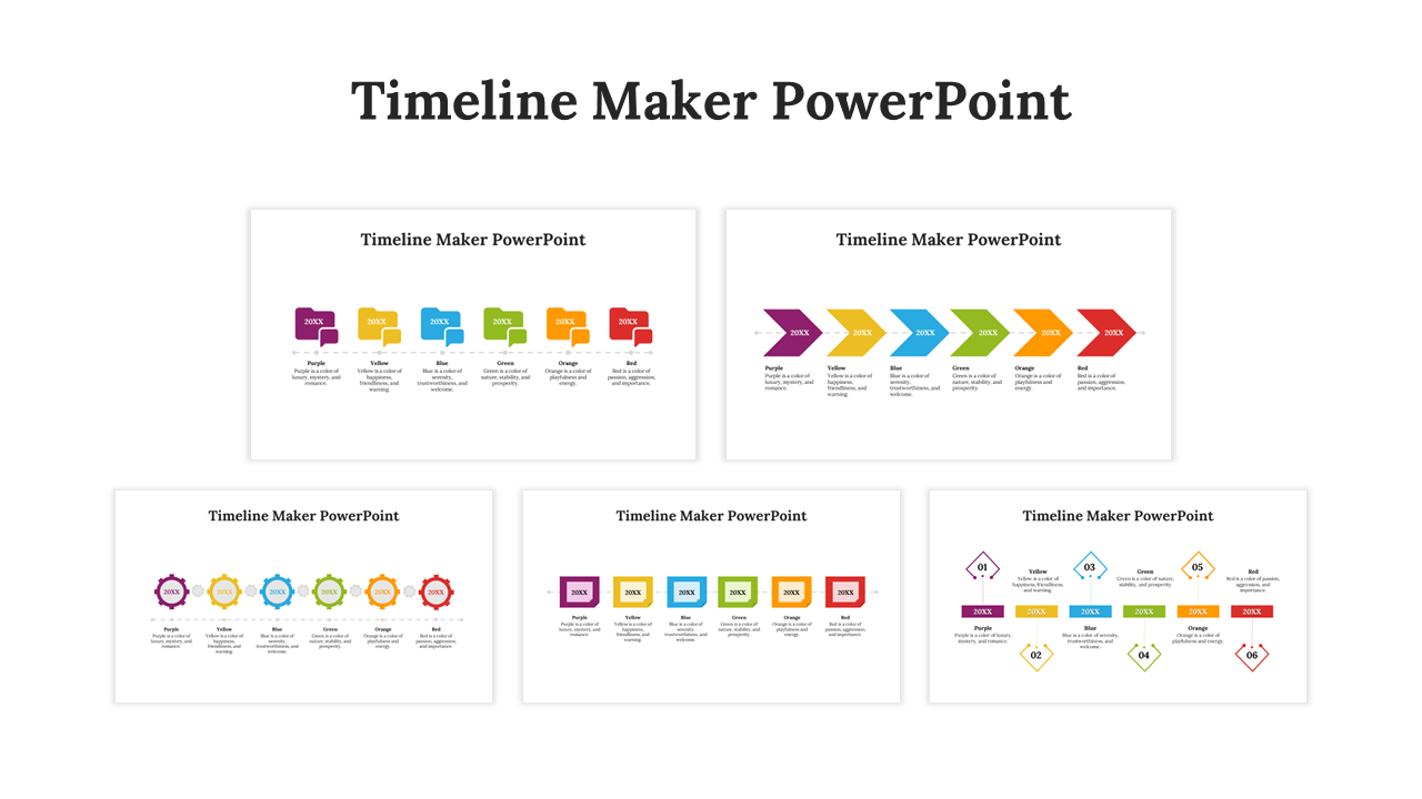 Multiple timeline designs with various layouts of speech bubbles, arrows, gears, and diamond shapes in different colors.