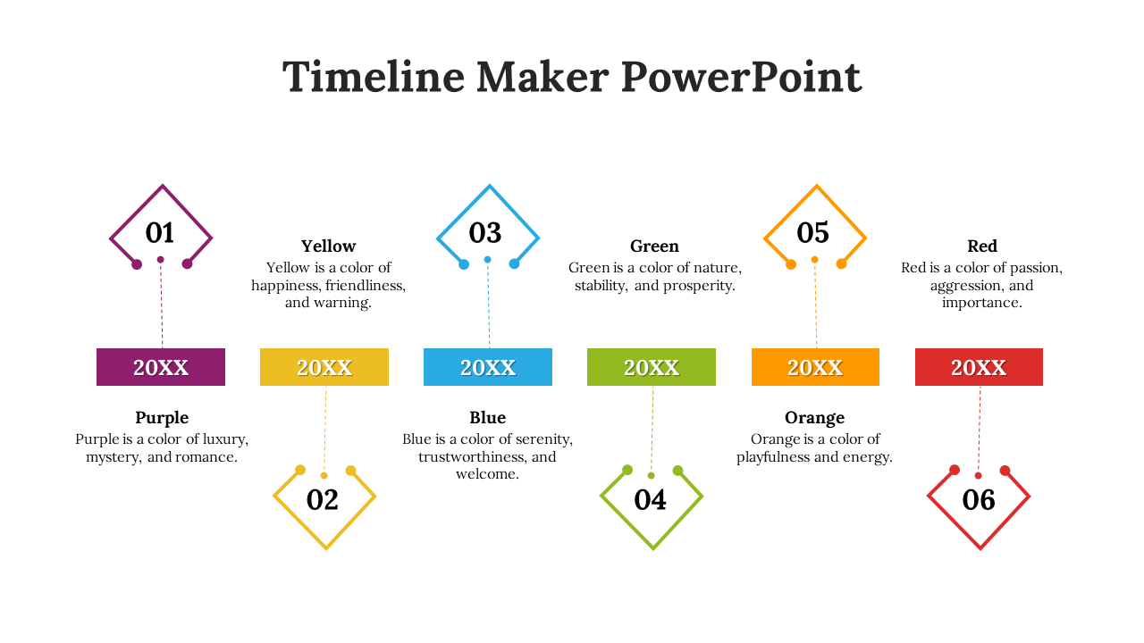 Timeline slide featuring six diamond shaped icons in purple, yellow, blue, green, orange, and red, paired with year labels.
