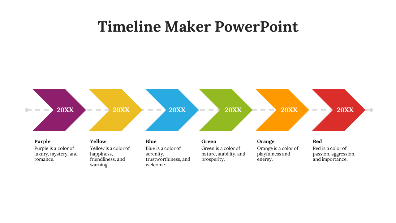 Timeline slide with six colorful arrows in purple, yellow, blue, green, orange, and red, each with a color description.