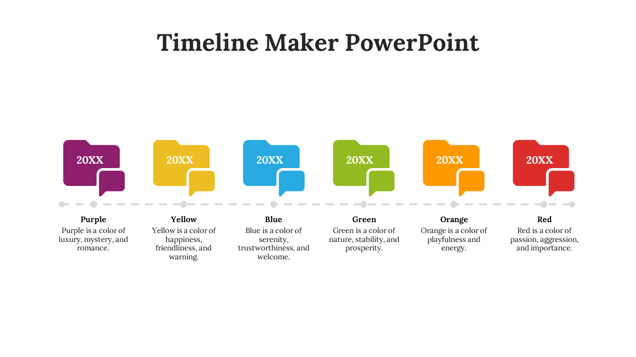 Timeline slide with six colorful speech bubble icons in purple, yellow, blue, green, orange, and red, each with descriptions.