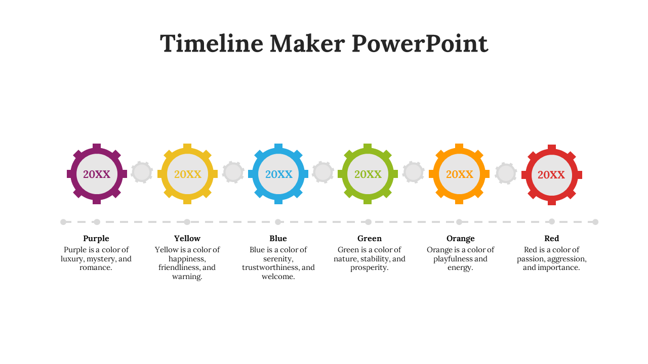 Timeline slide with colorful gears in purple, yellow, blue, green, orange, and red, each with a description.