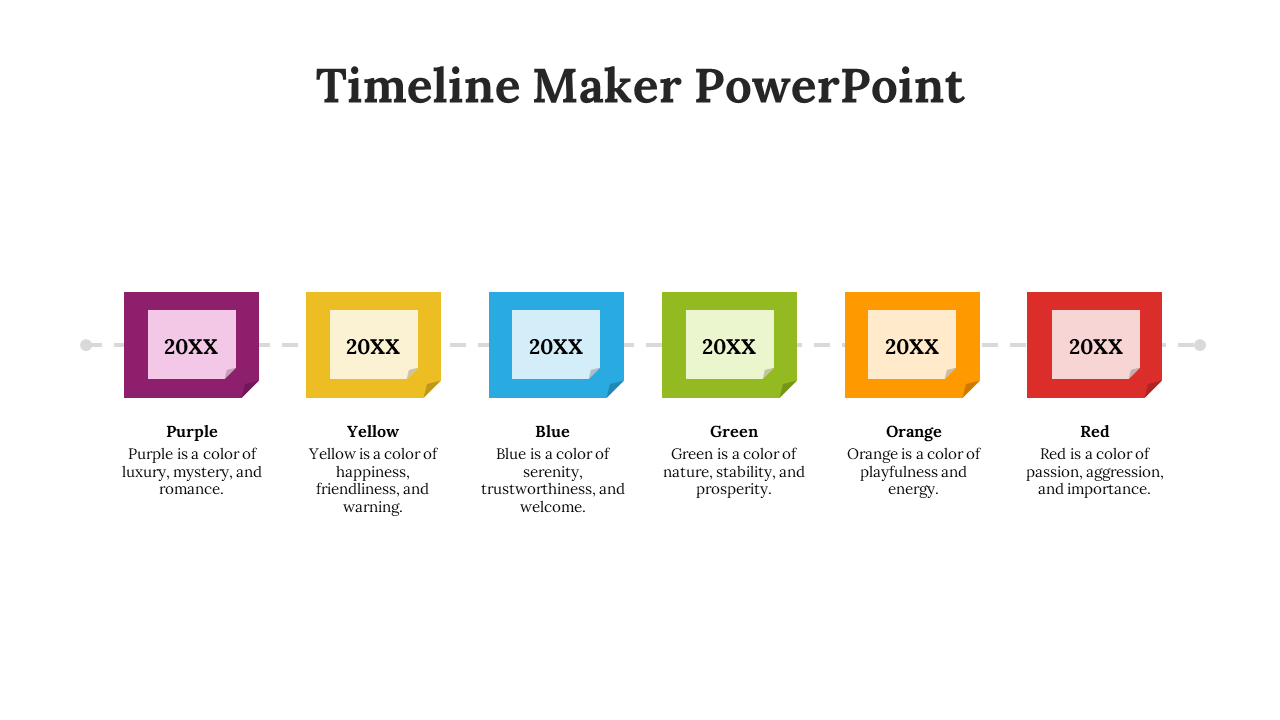 Timeline slide featuring six colorful square boxes in purple, yellow, blue, green, orange, and red, each with a description.