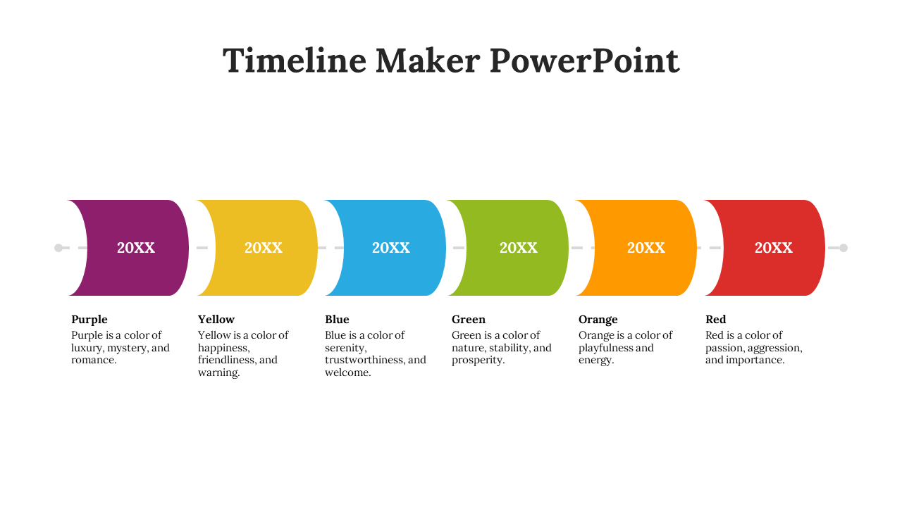 Timeline slide featuring six colorful segments in purple, yellow, blue, green, orange, and red with text descriptions.